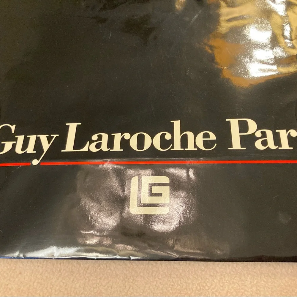 Guy Laroche Paris,black gloss glazed paper branded shopping tote,orange handles